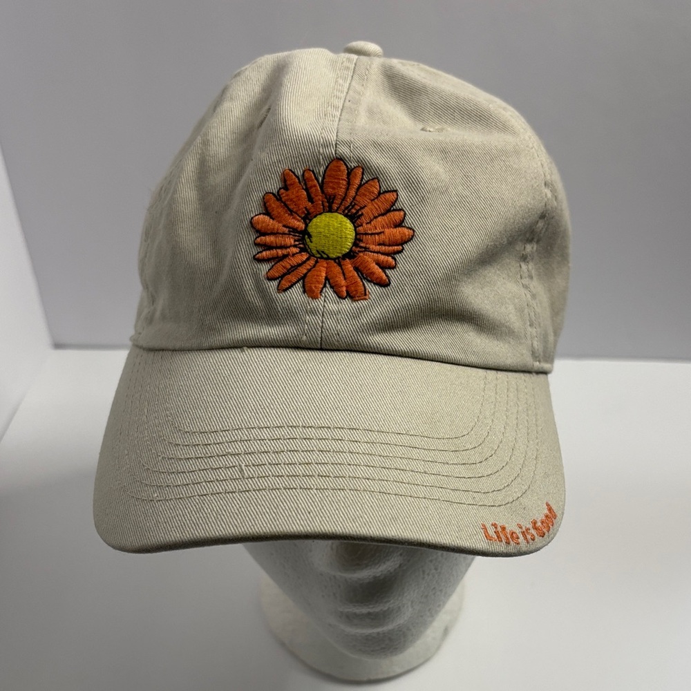 Life Is Good Cream Baseball Cap with Orange Daisy Embroidery